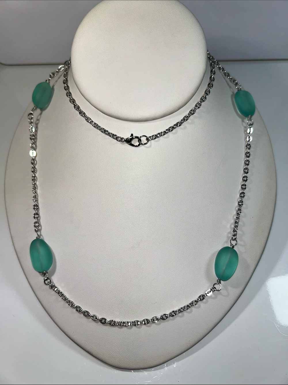 New Artisan Handmade Aqua Sea Glass Bead Station Stainless Steel Necklace